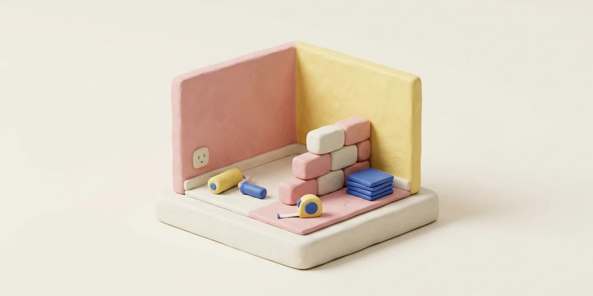 Matný hlinený 3D render miniatúrnej izby pri rekonštrukcii bytu s rozostavanou priečkou, maliarskym valčekom, pásmom a stohom dlaždíc v pastelových farbách