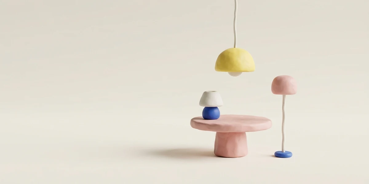 Hlinený 3D render: stropné svietidlo s guľatým tienidlom nad malým stolom, vedľa stojaca a stolová lampa v kobaltovej, maslovo žltej a ružovej farbe